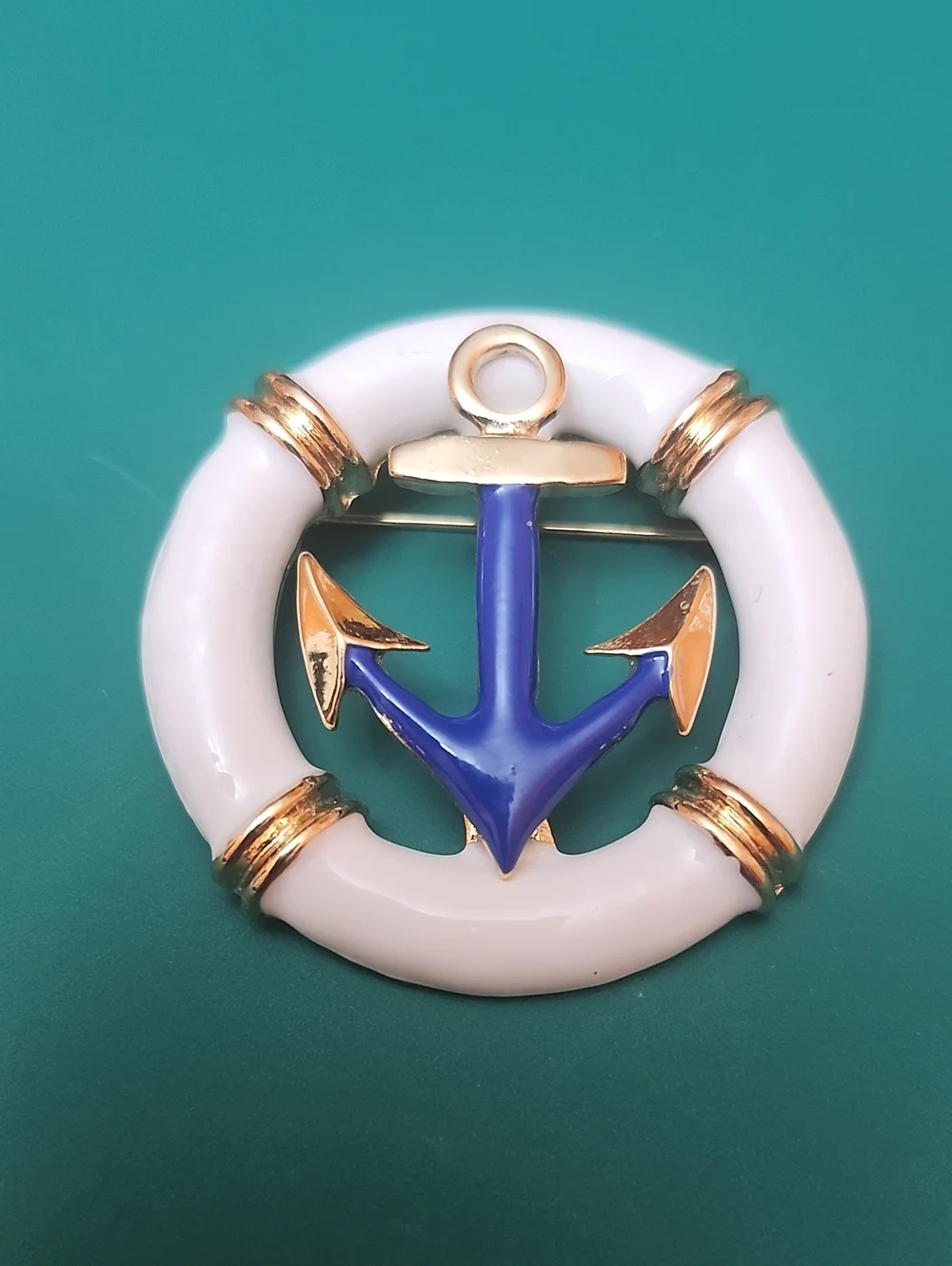 Enamel Anchor Life Ring Pin - Blue, White & Gold